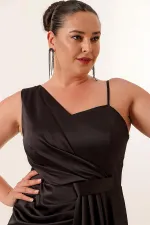 Tek Taraf İp Askılı Önü Büzgülü Astarlı Büyük Beden Uzun Saten Elbise