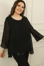 Kadın Yaka Manşeti Ve İçi Pulpayet Büyük Beden Şifon Bluz