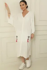 V-Neck Tasseled Double Pocket Embroidered Oversize Relaxed Fit Long Viscose Dress