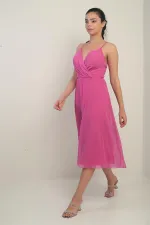 Women's Strappy Wrap Neckline Lined Lace-Up Back Flared Chiffon Dress