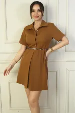 Button-front, short-sleeved, belted A-line pleated dress