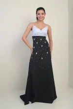 Kadın Tafta Üst Straplez Dubble Taş Yapıştırma Kloş Uzun Elbise