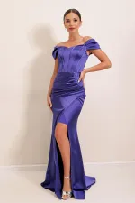 Side Pleated Underwire Lined Long Satin Dress