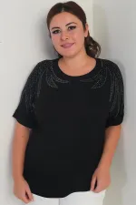 Chemisier grande taille à manches chauve-souris courtes pour femme, orné de strass aux épaules et en lycra.