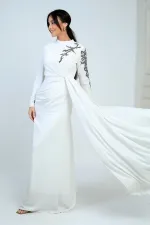 Taş İşlemeli Önü Büzgülü Astarlı Krep Saten Tesettür Elbise