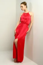 Robe longue en velours côtelé satiné à bretelles, col halter et ceinture fendue sur le devant pour femme