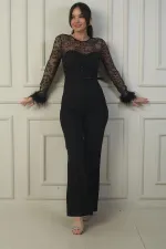 Women's Tulle Leaf Flock Printed Belted Crepe Jumpsuit with Feathered Sleeves