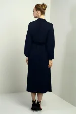 Women's Button-Down Detachable Vest, Elastic Waist, Long-Sleeved Midi Dress