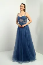 Kadın İp Askılı astarlı Göğüs Pliseli Boncuk İşlemeli Uzun Prenses Elbise