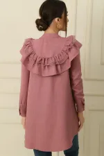 Yakası Dantel Volanlı Önü Düğmeli Keten Gömlek Tunik