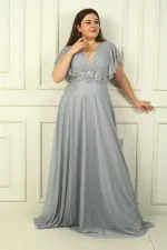 Kadın Ön Arka V Yaka Beli Taş İşlemeli Astarlı Simli Büyük Beden Abiye Elbise