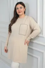 Women's Single Front Pocket Stone Print Detailed Plus Size Knitwear Tunic Blouse