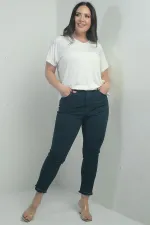 Pantalon skinny en toile lycra à rayures et détails pierre pour femme, grande taille