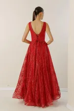 Ön Arka V Yaka Üstü Boncuk Detaylı Astarlı Arkası Bağcıklı Pullu Simli Uzun Elbise