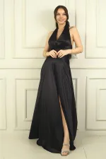 Kadın V Yaka Sırt Dekolteli Üstü Piliseli Örme Saten Uzun Elbise