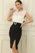 Üstü Pileli Şifon Beli Kemerli Krep Elbise