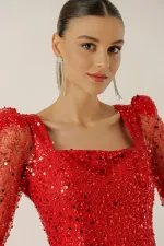 Square Neck Long Sleeve Lined Sequin Beaded Dress