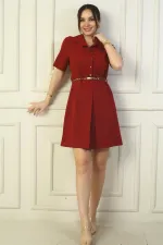 Button-front, short-sleeved, belted A-line pleated dress