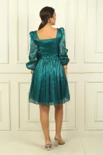 Women's Square Neck Long Sleeve Belted Pleated Organza Short Dress