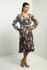 Women's Wrap Neckline Belted Lined Floral Patterned Pleated Midi Chiffon Dress