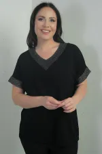 Women's Plus Size Blouse with Glitter Mesh Detail on Collar and Cuffs