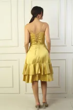 Jupe à bretelles pour femme, doublée et drapée, avec double volant en satin