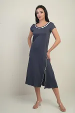 Women's Madonna Neckline Trimmed Slit Crystal Long Dress