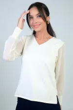 Kadın Merdiven V Yaka Kolları Şifon Kazak