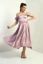 Kadın İp Askılı Düşük Kollu Astarlı Pileli Saten Kloş Uzun Elbise