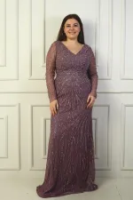 Front and Back V-Neck, Tulle Sleeves, Lined, Embellished Long Plus Size Dress