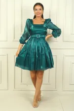 Women's Square Neck Long Sleeve Belted Pleated Organza Short Dress