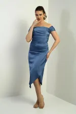 Women's Madonna Neckline Draped Asymmetrical Satin Short Dress