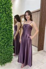 Women's Thin Strap Lined Pocketed Midi Satin Dress