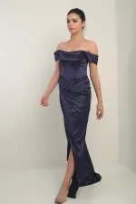 Robe longue en satin à bretelles, doublée et à armatures, manches basses et sans bretelles, pour femme