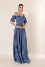 Long Dress with Pleated Neckline, Balloon Sleeves, Lined, and Glittery Embellishments.