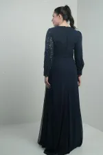 Women's Plus Size Long Chiffon Dress with Sequin and Bead Embellishment, Lined, and Floral Waistline