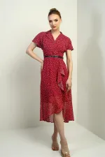 Kadın Kruvaze Yaka Astarlı Çıtır Desen Önü Volanlı Şifon Elbise