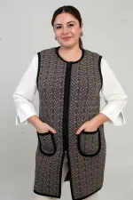 Gilet long en maille grande taille pour femme, avec fermeture éclair sur le devant et motif de poche
