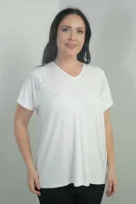 Women's Shoulder Stone Print V-Neck Batwing Sleeve BB Blouse