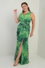 Women's Front and Back V-Neck Lined Draped Front 3D Floral Pattern Plus Size Tulle Long Dress