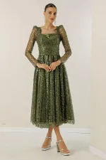 Square Neck Long Sleeve Lined Sequin Beaded Dress