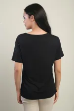 Women's V-Neck Blouse with Stone Embellishments on Shoulders and Pockets, Made of Lycra