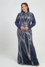 Kadın Dik Yaka Pul İşlemeli Astarlı Büyük Beden Uzun Elbise