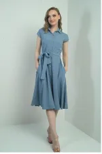 Women's Button-Front Belted Shirt Collar Short-Sleeve Dress