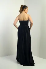 Women's Strapless Lined, Front Underwired, Piped, Pocketed, Flared Long Satin Evening Dress