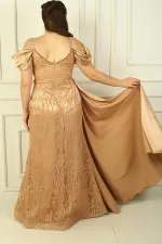 Zincir Askılı Ön Arka V Yaka Düşük Kollu Simli Flok Baskılı Astarlı Uzun Balık Elbise