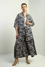 Kadın Yanları Yırtmaçlı Tunik Gömlek Beli lastikli Cepli Palazzo Pantolon Çiçek Desen Oversize 2'li Takım