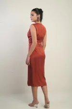 Women's Wrap Neckline Front Pleated Belted Crepe Satin Dress