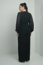 Combinaison en crêpe grande taille pour femme, col en V, fermeture à un bouton, manches en mousseline, semi-doublée