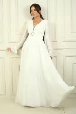 Kadın V Yaka Beli Tokalı Astarlı Şifon Uzun Abiye Elbise